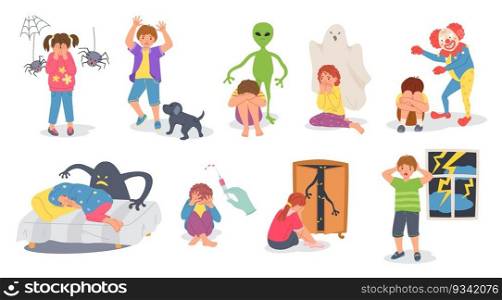 Scared kids. Frightened children, child fears and emotional wellbeing cartoon vector illustration set. Boys and girls afraid of alien, ghost, spider and monsters Characters with phobia. Scared kids. Frightened children, child fears and emotional wellbeing cartoon vector illustration set
