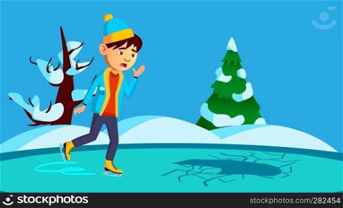 Scared Little Boy Skating On Broken Ice Of The River Vector. Illustration. Scared Little Boy Skating On Broken Ice Of The River Vector. Isolated Illustration