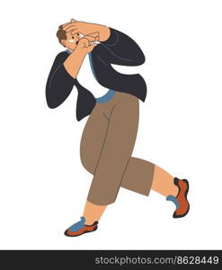 Scared male character running away from something, watching and gasping. Isolated man personage covering head, hiding face with arms, protecting from damage. Afraid guy. Vector in flat illustration. Male character hiding head, scared man running