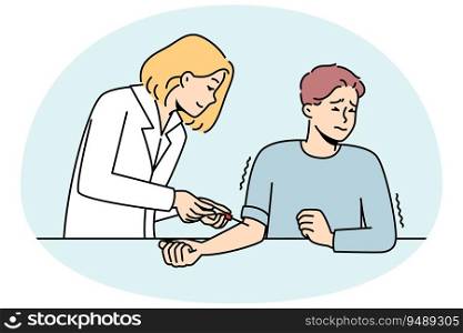 Scared male patient get blood test in hospital. Doctor collecting blood from vein from terrified man in clinic. Medicine and healthcare. Vector illustration.. Sacred patient at blood collection in clinic