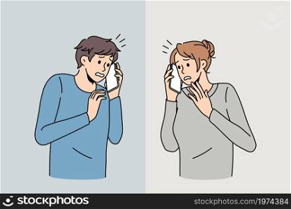 Scared man and woman talk on cellphone feel anxiety with communication. Frightened people have smartphone call, afraid of public speaking. Introvert communicate. Vector illustration. . Scared man and woman feel afraid talking on phone