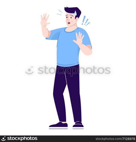 Scared man flat vector illustration. Male fear of violence. Person with anxious facial expression and defensive gesture isolated cartoon character with outline elements on white background