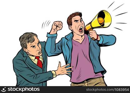 scared man in the street calms a protester with a megaphone. Democracy opposition freedom of speech. Pop art retro vector illustration drawing vintage kitsch. scared man in the street calms a protester with a megaphone