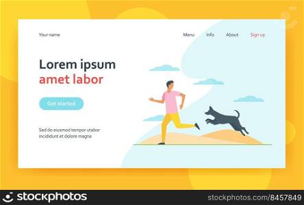 Scared man running away from dog. Dangerous animal chasing person flat vector illustration. Stray dog danger concept for banner, website design or landing web page