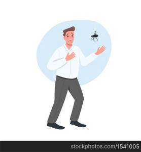 Scared of spider male flat color vector detailed character. Man terrified of bug. Expression of fear. Arachnophobia isolated cartoon illustration for web graphic design and animation. Scared of spider male flat color vector faceless character