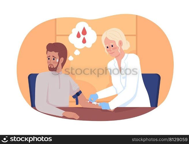 Scared patient at blood collection procedure 2D vector isolated illustration. Doctor and patient flat characters on cartoon background. Hospital colourful scene for mobile, website, presentation. Scared patient at blood collection procedure 2D vector isolated illustration