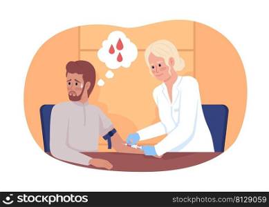 Scared patient at blood collection procedure 2D vector isolated illustration. Doctor and patient flat characters on cartoon background. Hospital colourful scene for mobile, website, presentation. Scared patient at blood collection procedure 2D vector isolated illustration