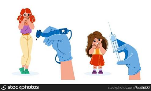 scared patient vector. woman kid girl afraid dentist syringe, hospital fear, dental scare scared patient character. people flat cartoon illustration. scared patient vector