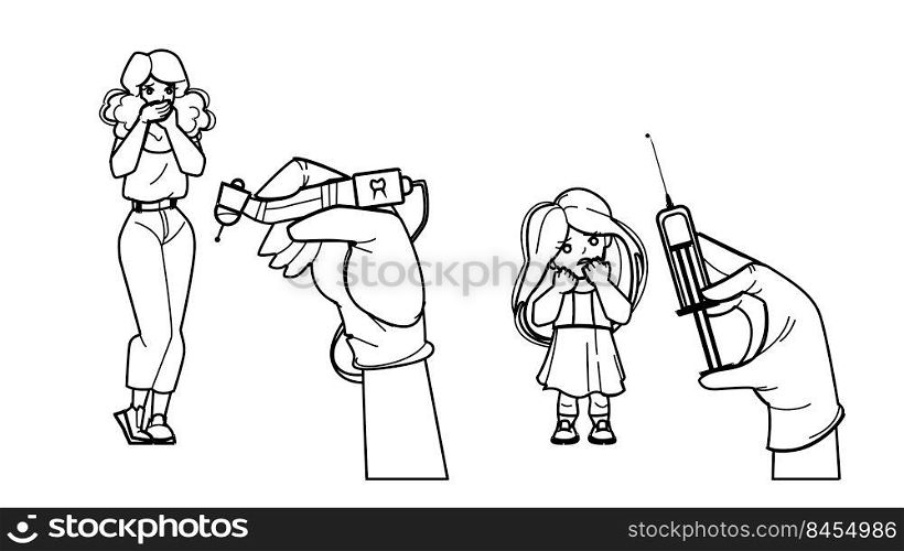 scared patient vector. woman kid girl afraid dentist syringe, hospital fear, dental scare scared patient character. people black line pencil drawing vector illustration. scared patient vector