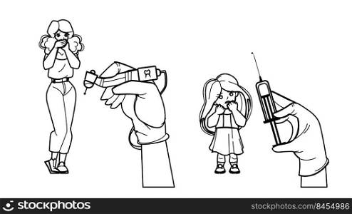 scared patient vector. woman kid girl afraid dentist syringe, hospital fear, dental scare scared patient character. people black line pencil drawing vector illustration. scared patient vector