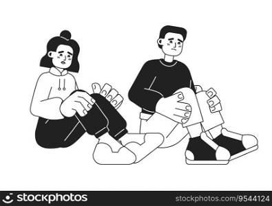Scared people sitting monochromatic flat vector character. Face emotion. Depression and anxiety. Editable thin line full body person on white. Simple bw cartoon spot image for web graphic. Scared people sitting monochromatic flat vector characters