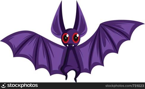 Scared purple bat with red eyes and big wings vector illustration on white background.