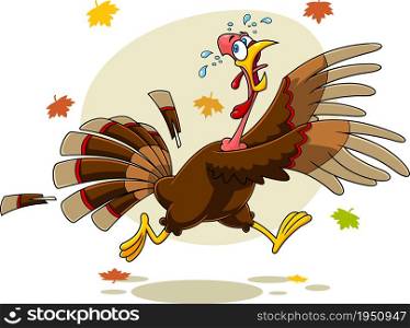 Scared Turkey Cartoon Characters Running. Vector Hand Drawn Illustration Isolated On Autumn Background With Leaves