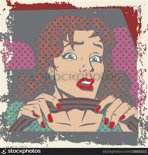 Scared woman driver behind the wheel of a car pop art comics retro style Halftone. Imitation of old illustrations. Delave effect old paper. Scared woman driver behind the wheel of a car pop art comics re