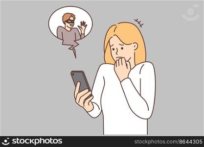 Scared woman look at cellphone screen frustrated with internet scam. Stressed girl use smartphone terrified with hacker stealing personal information. Web safety and security. Vector illustration. . Scared woman frustrated with internet scam on cell
