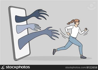 Scared woman run away from hands coming from mobile phone. Anxious girl flee from internet bullying and harassment on social media. Web abuse concept. Vector illustration. . Woman running away from hands from cell 
