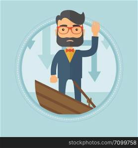 Scared young caucasian hipster businessman with beard standing in a sinking boat and asking for help. Business bankruptcy concept. Vector flat design illustration in the circle isolated on background.. Businessman standing in sinking boat.