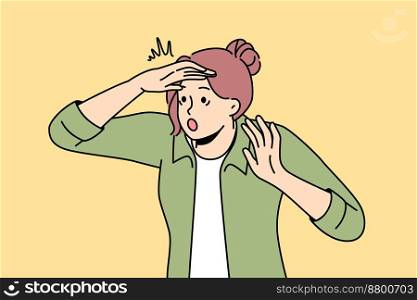 Scared young woman look in distance searching for something. Astonished female feel frustrated and panicking make hand gesture. Discovery and exploration. Vector illustration. . Scared woman look in distance searching 