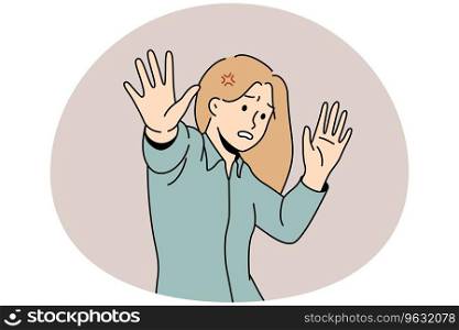 Scared young woman make stop hand gesture feeling danger or confusion. Unhappy female feel panic attack terrified frightened by something. Vector illustration.. Scared woman show stop gesture