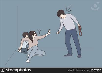 Scared young woman protect herself and child from cruel mad husband. Angry furious man threaten afraid wife and kid. Domestic violence and abuse concept. Flat vector illustration. . Angry man threaten scared woman and child