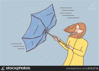 Scared young woman with umbrella in rain outdoors. Unhappy terrified female in thunderstorm and rainy weather on street. Vector illustration. . Scared young woman in umbrella in rain 