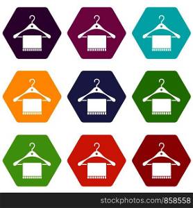 Scarf on coat hanger icon set many color hexahedron isolated on white vector illustration. Scarf on coat hanger icon set color hexahedron