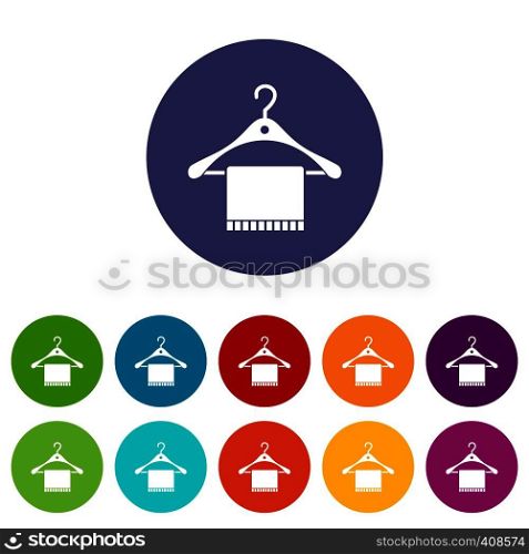 Scarf on coat hanger set icons in different colors isolated on white background. Scarf on coat hanger set icons
