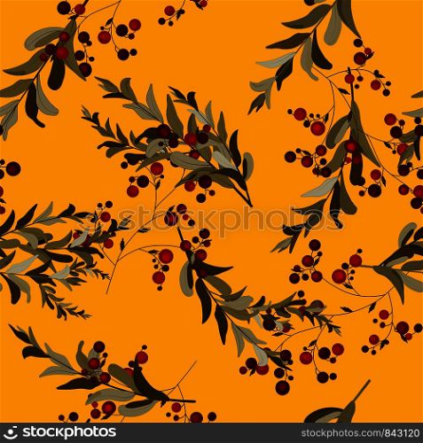 Scarf pattern seamless floral pattern with red berries and green branches. Wallpaper blooming realistic isolated flowers hand drawn vintage background. Vector illustration.