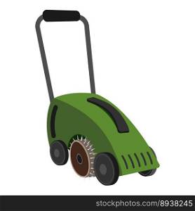 Scarifier, verticutter, aerator is on lawn. Electric Scarifier with grass catcher. Create perfect lawn. Scarifier is like lawn mower. Flat vector illustration isolated on white background. Scarifier, verticutter, aerator is on lawn. Electric Scarifier with grass catcher. Create perfect lawn. Scarifier is like lawn mower. Flat vector illustration isolated on white background.