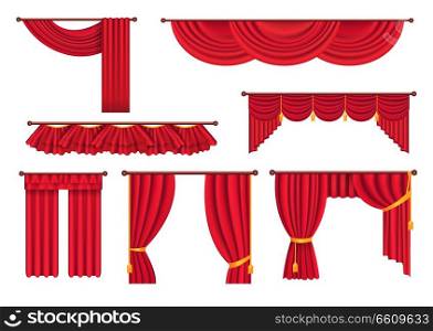 Scarlet pompous curtains collection on white. Vector poster in flat style of pelmets and curtains hanging on special curtain cornices. Set of colorful blind element for windows to protect sunshine. Scarlet Pompous Curtains Collection on White.