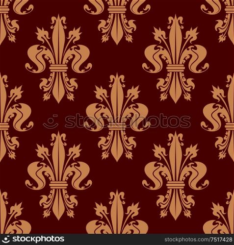 Scarlet red seamless fleur-de-lis pattern with pale peach ornamental curly leaves and spiky flower buds of royal lilies. Vintage interior and upholstery design usage. Red seamless fleur-de-lis pattern of royal lilies