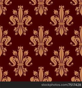 Scarlet red seamless fleur-de-lis pattern with pale peach ornamental curly leaves and spiky flower buds of royal lilies. Vintage interior and upholstery design usage. Red seamless fleur-de-lis pattern of royal lilies