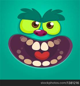Scary cartoon monster face yelling. Vector Halloween blue monster with big mouth