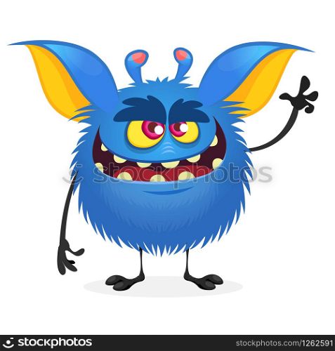 Scary cartoon monster gremlin with a big mouth waving hand. Halloween vector illustration