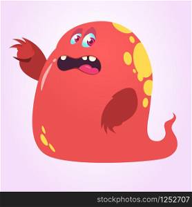 Scary cartoon monster or ghost pointing hand. Vector Halloween illustration of red ghost