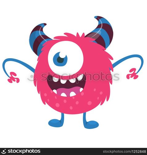 Scary cartoon one eyed monster. Vector Halloween pink monster illustration