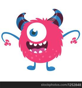 Scary cartoon one eyed monster. Vector Halloween pink monster illustration