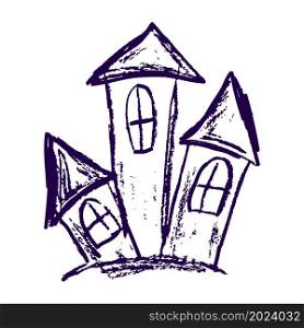 Scary castle. Icon in hand draw style. Drawing with wax crayons, colored chalk, children&rsquo;s creativity. Vector illustration. Sign, symbol, pin. Icon in hand draw style. Drawing with wax crayons, children&rsquo;s creativity