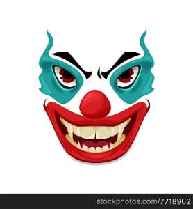 Scary clown face vector icon, funster mask with makeup, red nose, angry eyes and creepy smile with sharp teeth. Halloween character emoticon, isolated horror creature emoji. Scary clown face vector icon, funster mask emoji