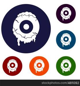 Scary eyeball icons set in flat circle red, blue and green color for web. Scary eyeball icons set