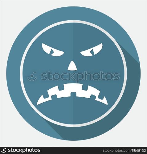 Scary face of halloween illustration on white circle with a long shadow