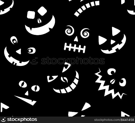 scary face pattern. halloween background. Seamless pattern with cartoon scary ghost faces on black background.