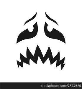 Scary face vector icon, sad or evil emoji with unhappy creepy eyes and toothy mouth. Monster, ghost, jack lantern Halloween pumpkin emotion, isolated monochrome character face. Scary face vector icon, sad or evil unhappy emoji
