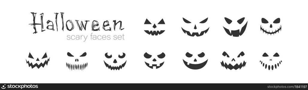 Scary faces set icons. Halloween pumpkins face silhouettes. Vector flat illustration