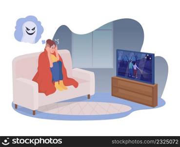 Scary film 2D vector isolated illustration. Woman at home flat character on cartoon background. Panic attack during movie watching colourful scene for mobile, website, presentation. Scary film 2D vector isolated illustration