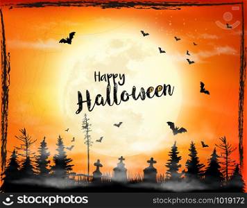 Scary Halloween background with bats and moon. Vector