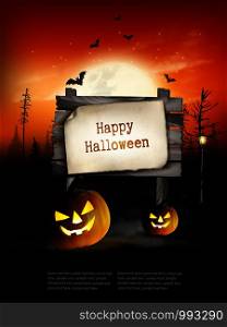 Scary Halloween background with pumpkins and wooden sign. Vector.
