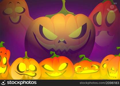 Scary Halloween background with pumpkins with spooky smile and yellow glow. Vector cartoon illustration with traditional autumn lanterns from orange pumpkin with evil face and light inside. Scary Halloween background with pumpkins lanterns