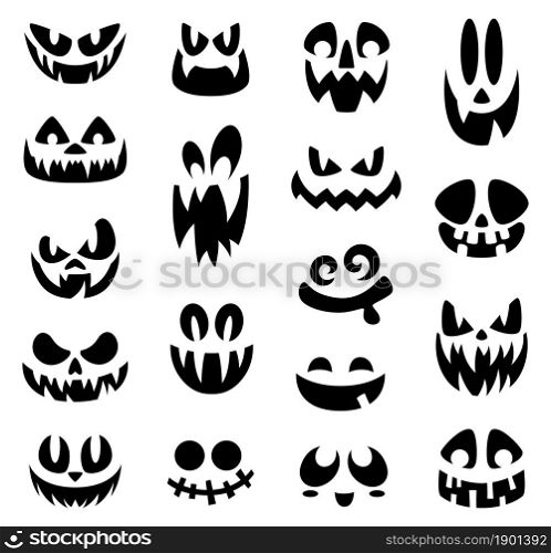 Scary halloween faces. Smiling face, halloween pumpkin or ghost cartoon creepy grin. Isolated black eyes and mouths, holiday masks garish vector set. Illustration horror face pumpkin or ghost grinning. Scary halloween faces. Smiling face, halloween pumpkin or ghost cartoon creepy grin. Isolated black eyes and mouths, holiday masks garish vector set