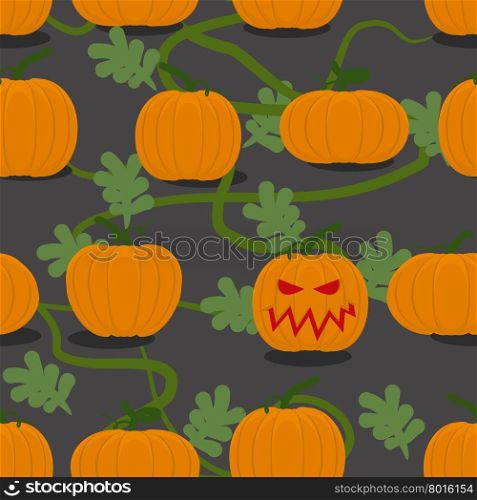 Scary halloween pumpkin among plantation of pumpkins. Pumpkin farm seamless pattern. Vegetable monster with frightening eyes and mouth. Seamless pattern for Halloween.
